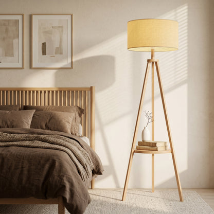 Bedside Light with Storage Shelf and Linen Shade, Natural