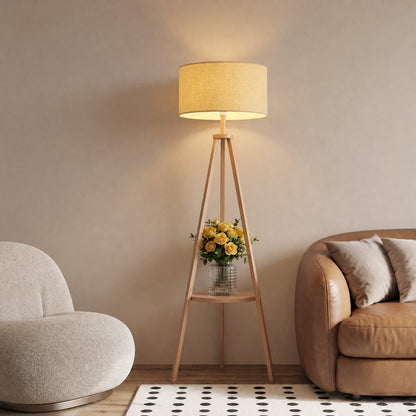 Bedside Light with Storage Shelf and Linen Shade, Natural
