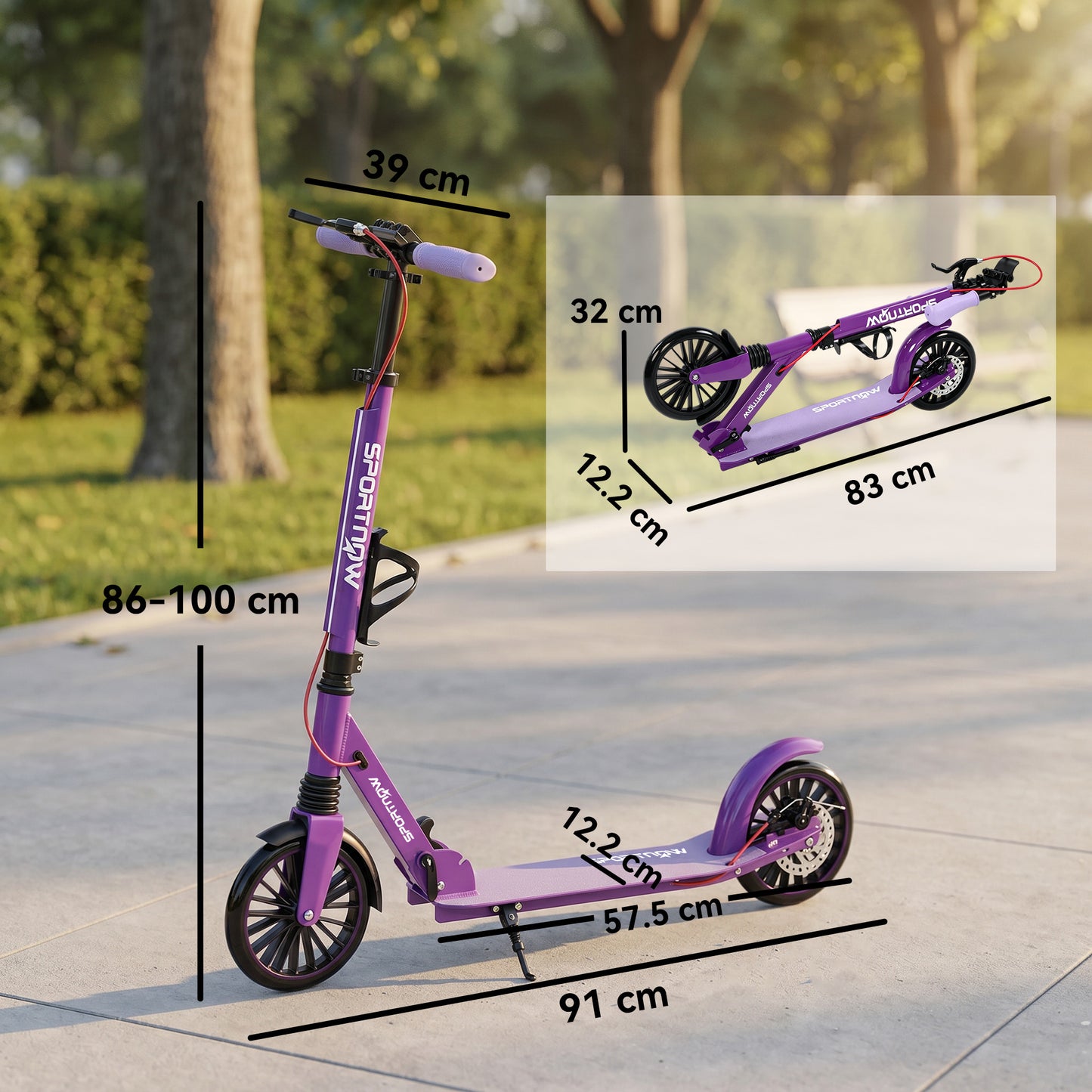 Foldable Kick Scooter with Height Adjustable Handlebar, One-click Folding Adult Scooters with 200 mm Big Wheels, Shock Absorption, ABEC-7 Bearings, Dual Brake System, Aluminium Frame, Purple