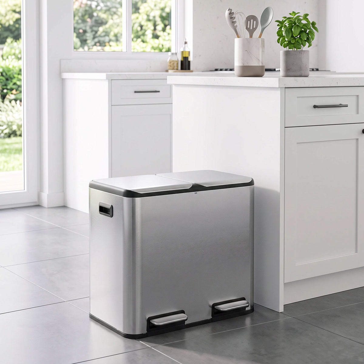 2x20L Kitchen Bin, Stainless Steel Recycling Bin, Silver Tone