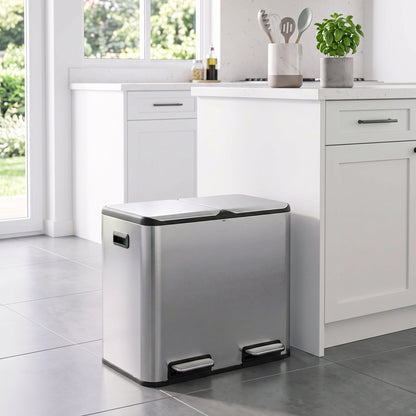 2x20L Kitchen Bin, Stainless Steel Recycling Bin, Silver Tone