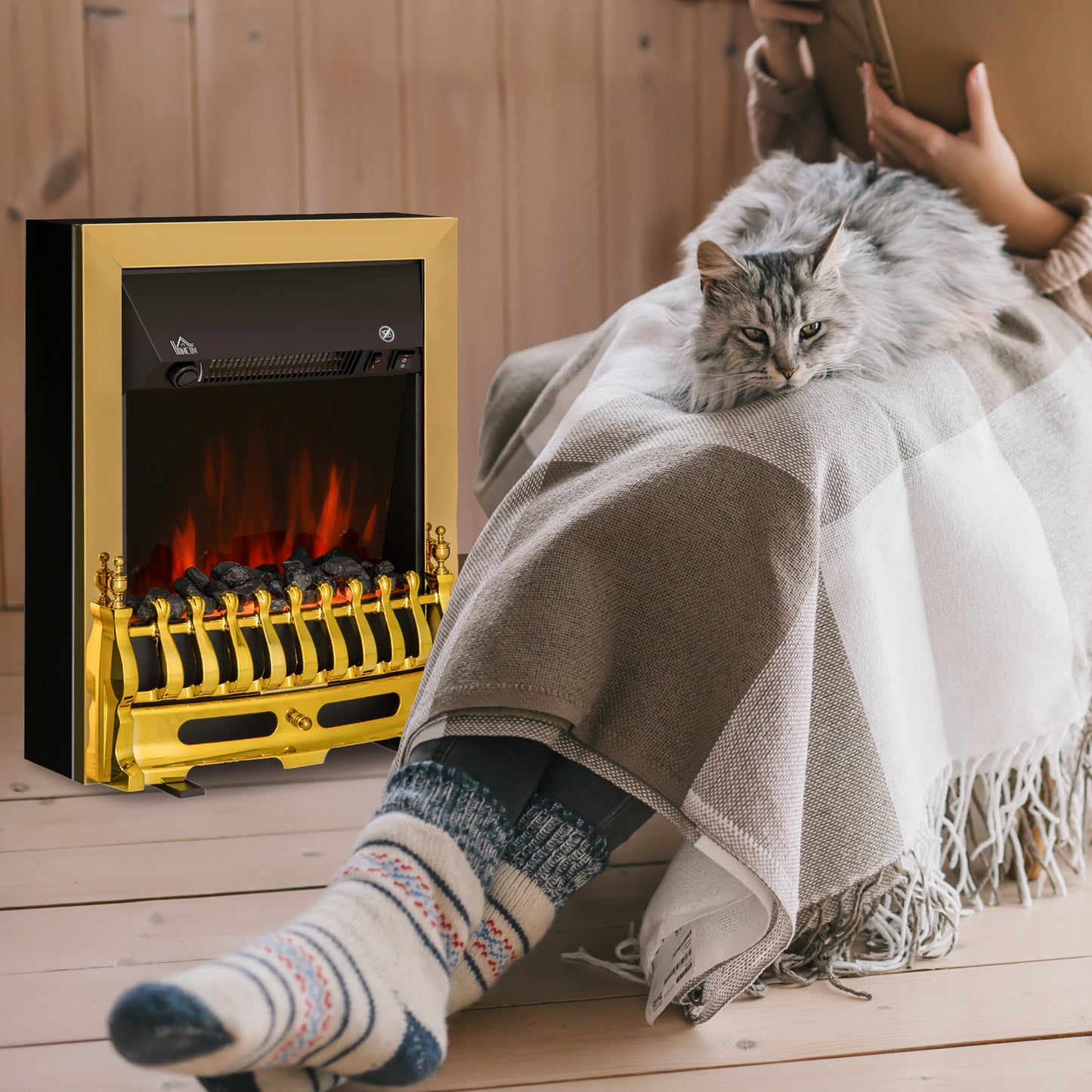 Electric Fireplace 1 & 2KW LED Fire Flame for Living Room Golden