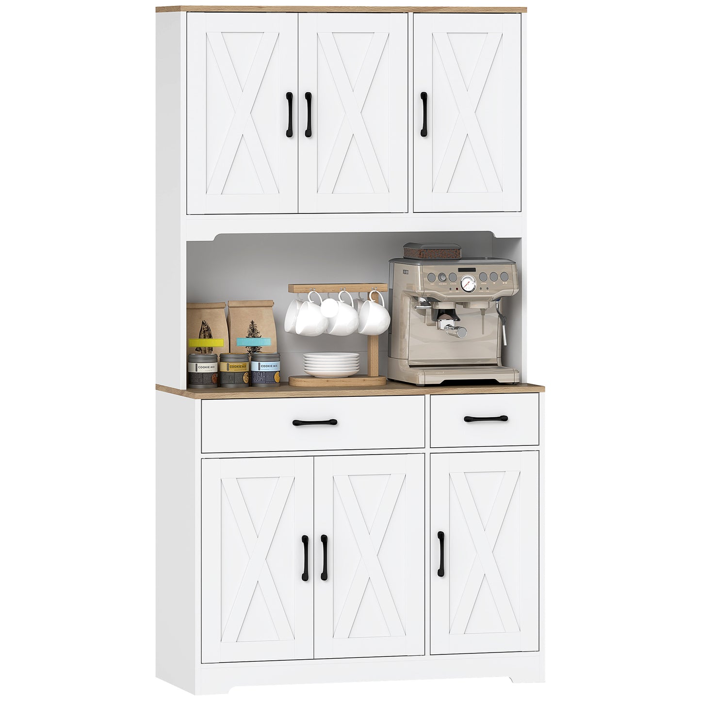 175cm Tall Kitchen Pantry, Kitchen Cabinet w/ Drawers, Shelves, White