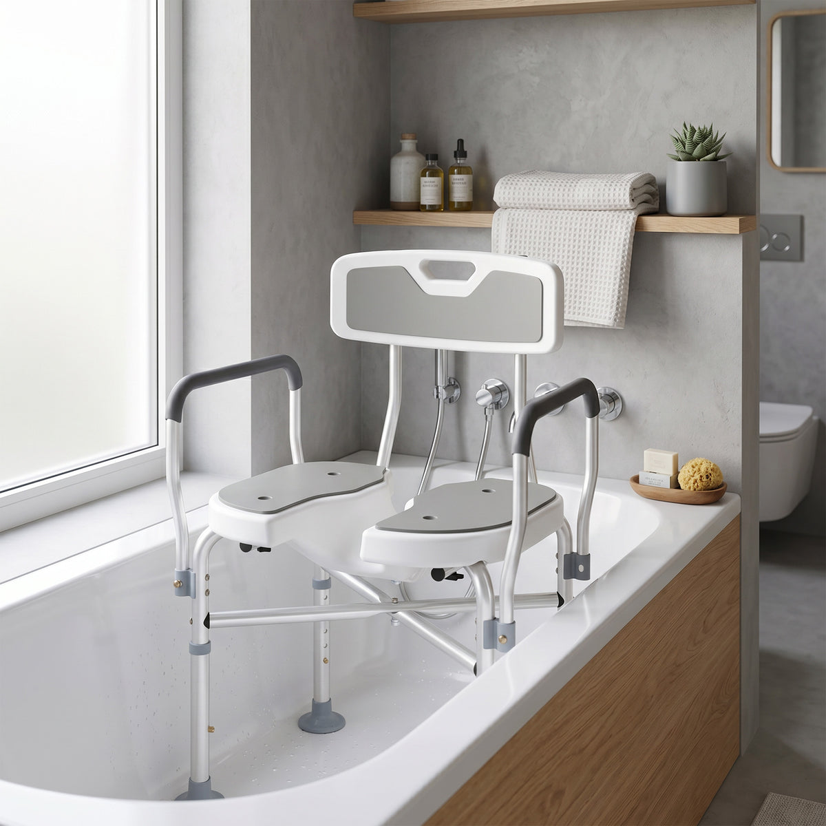 Padded Bath Chair with Slotted Seat and Adjustable Height, Grey