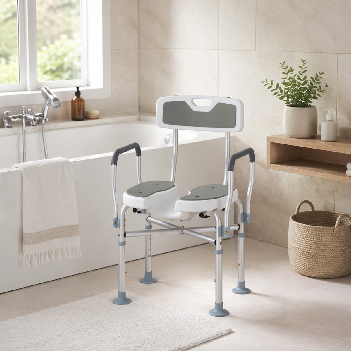 Padded Bath Chair with Slotted Seat and Adjustable Height, Grey