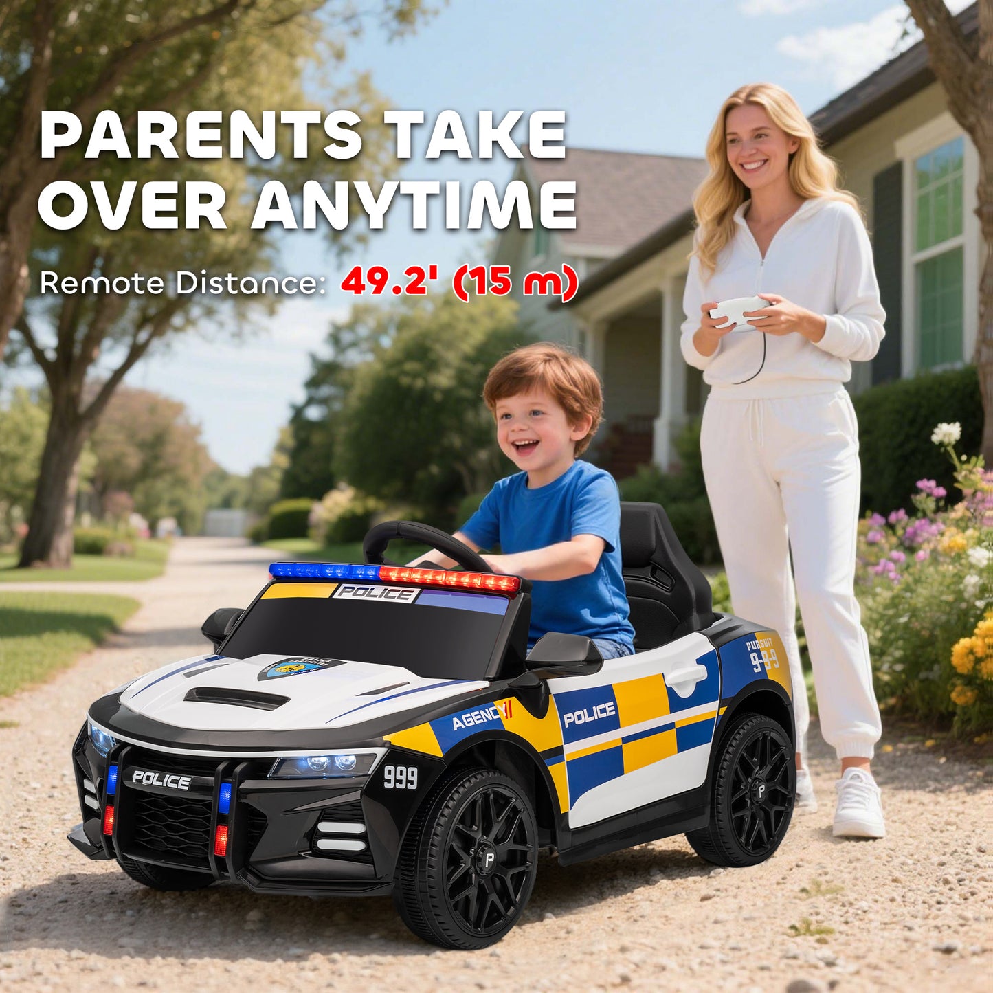 Kids Electric Ride on Police Car with Remote Control, Music, Horn, Siren Flashing Lights for 3-5 Years Old, Multicolour
