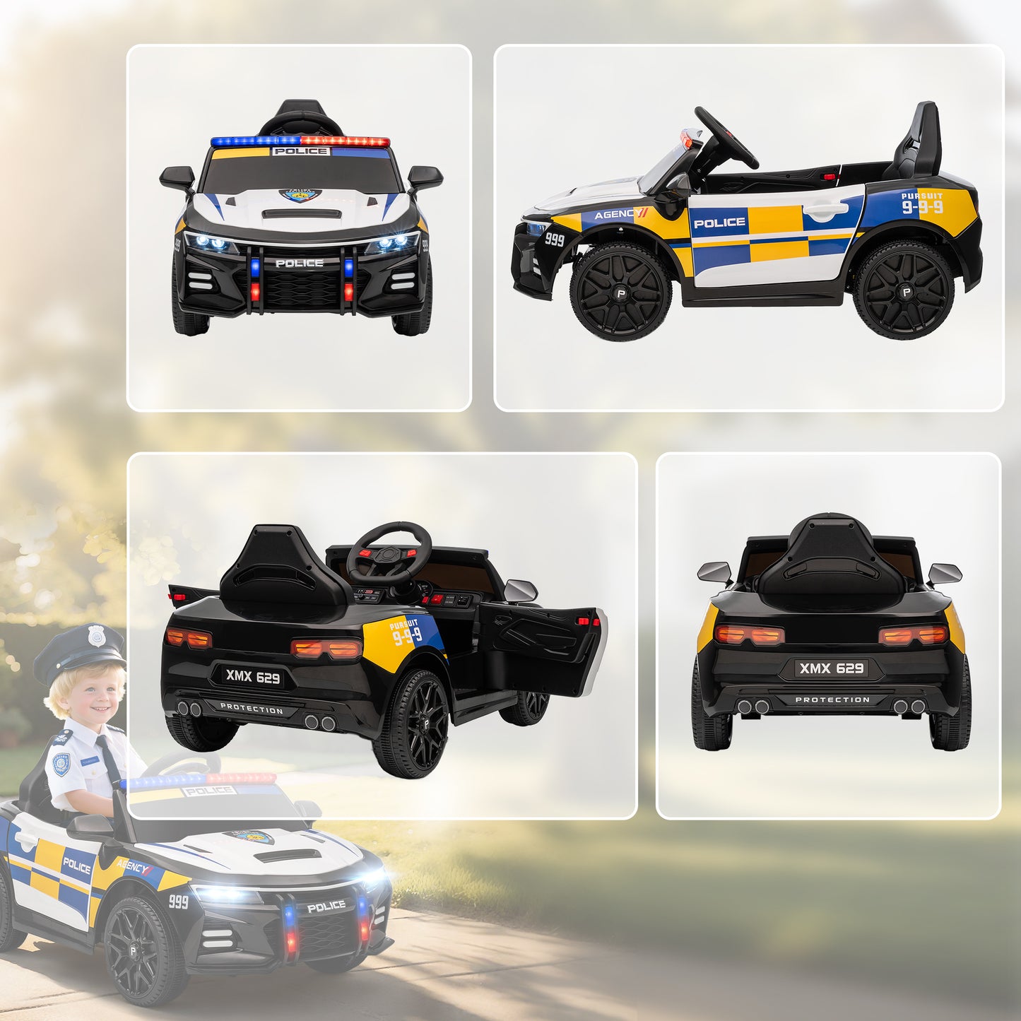 Kids Electric Ride on Police Car with Remote Control, Music, Horn, Siren Flashing Lights for 3-5 Years Old, Multicolour