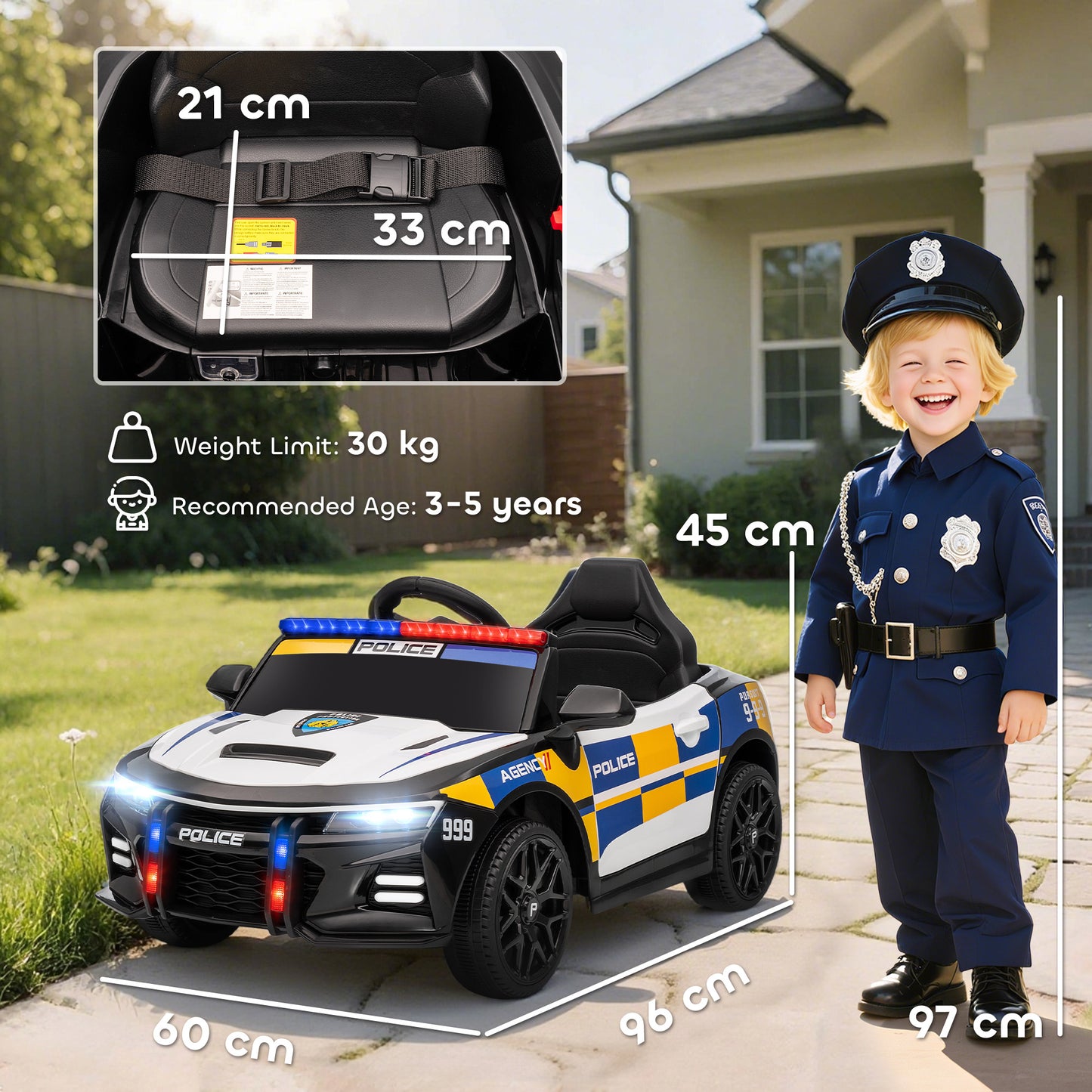 Kids Electric Ride on Police Car with Remote Control, Music, Horn, Siren Flashing Lights for 3-5 Years Old, Multicolour