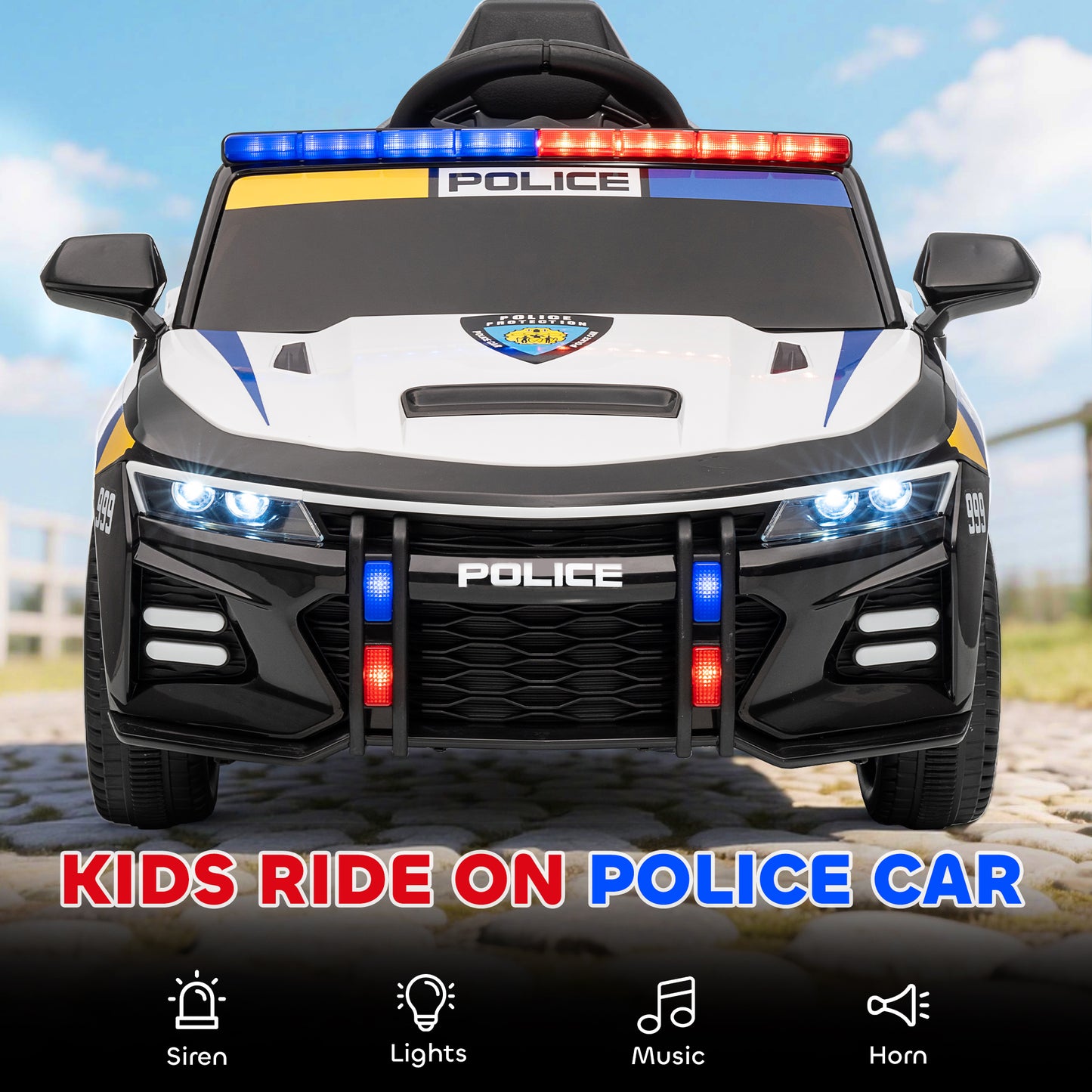 Kids Electric Ride on Police Car with Remote Control, Music, Horn, Siren Flashing Lights for 3-5 Years Old, Multicolour