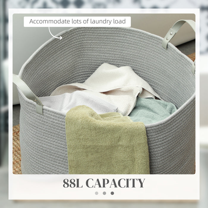 88L Cotton Rope Laundry Basket with Handles for Pillows Clothes Grey