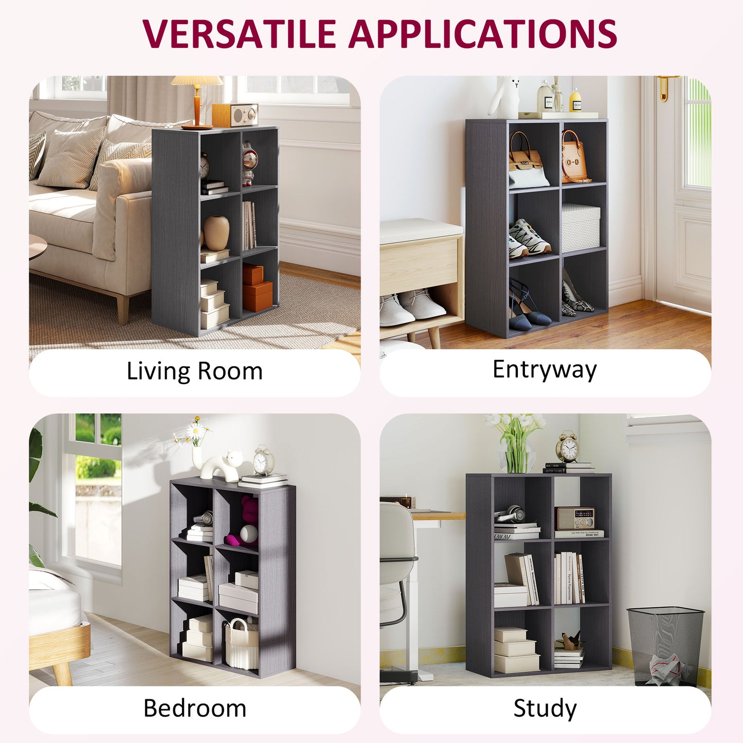 6-Cube Bookshelf, Display Shelving Unit for Home Office, Grey