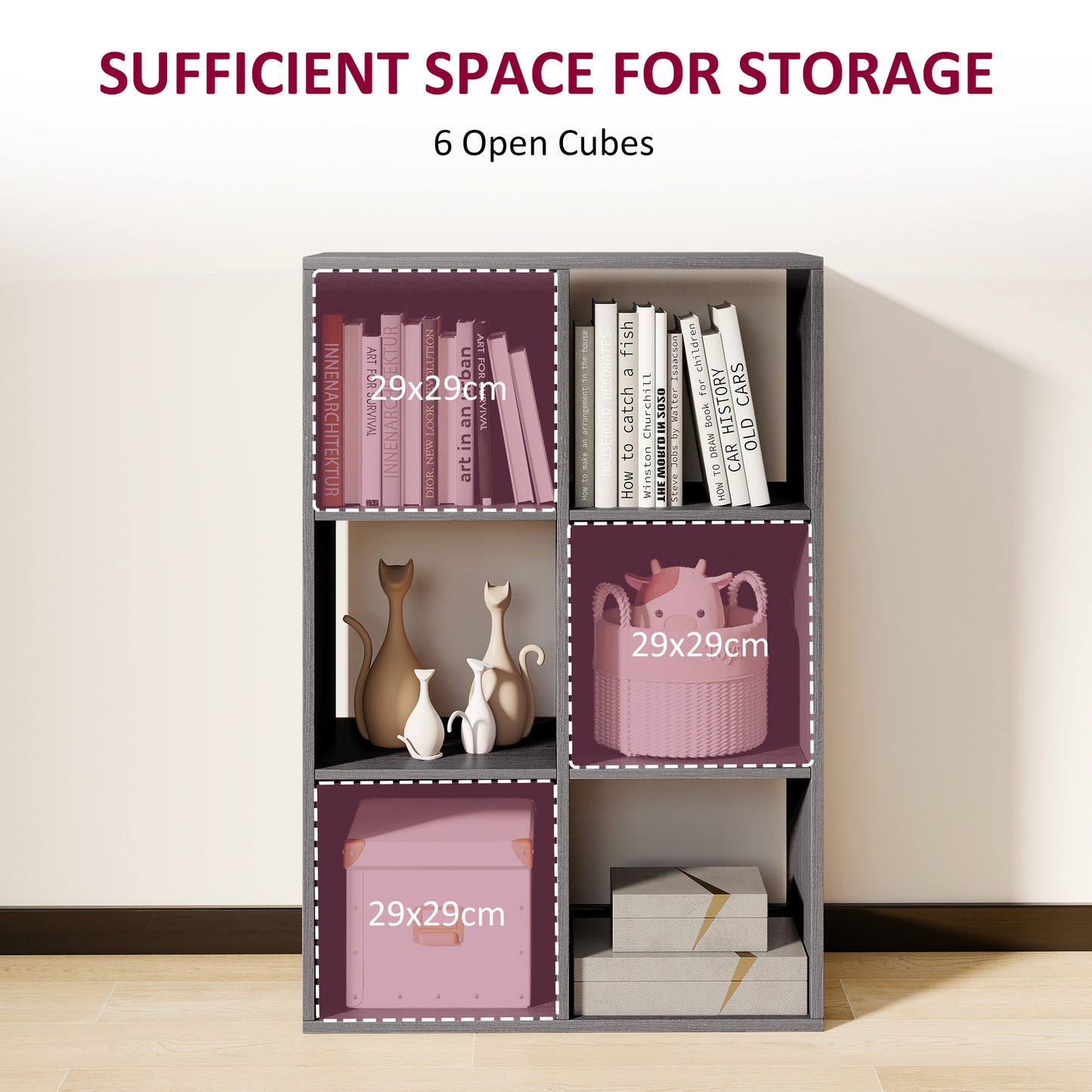 6-Cube Bookshelf, Display Shelving Unit for Home Office, Grey