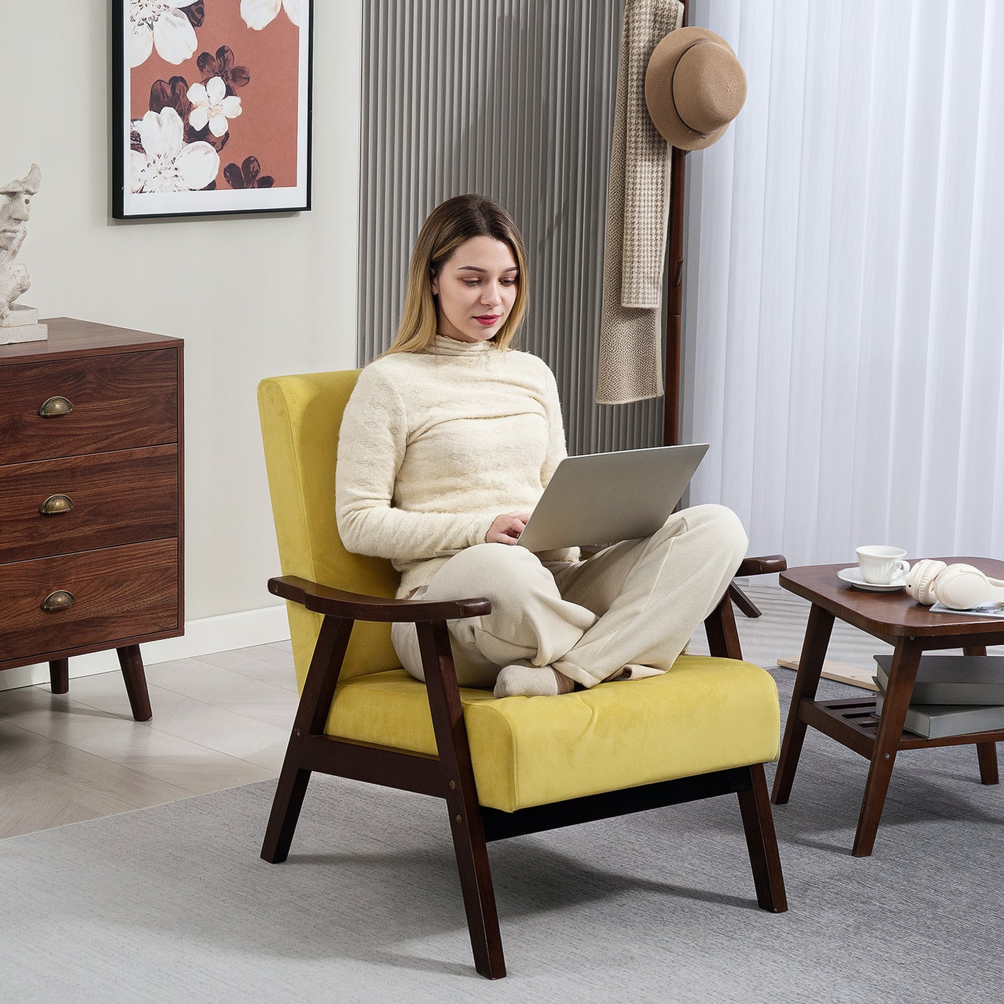Velvet Armchair with Solid Wood Frame and Thick Padded, Champagne