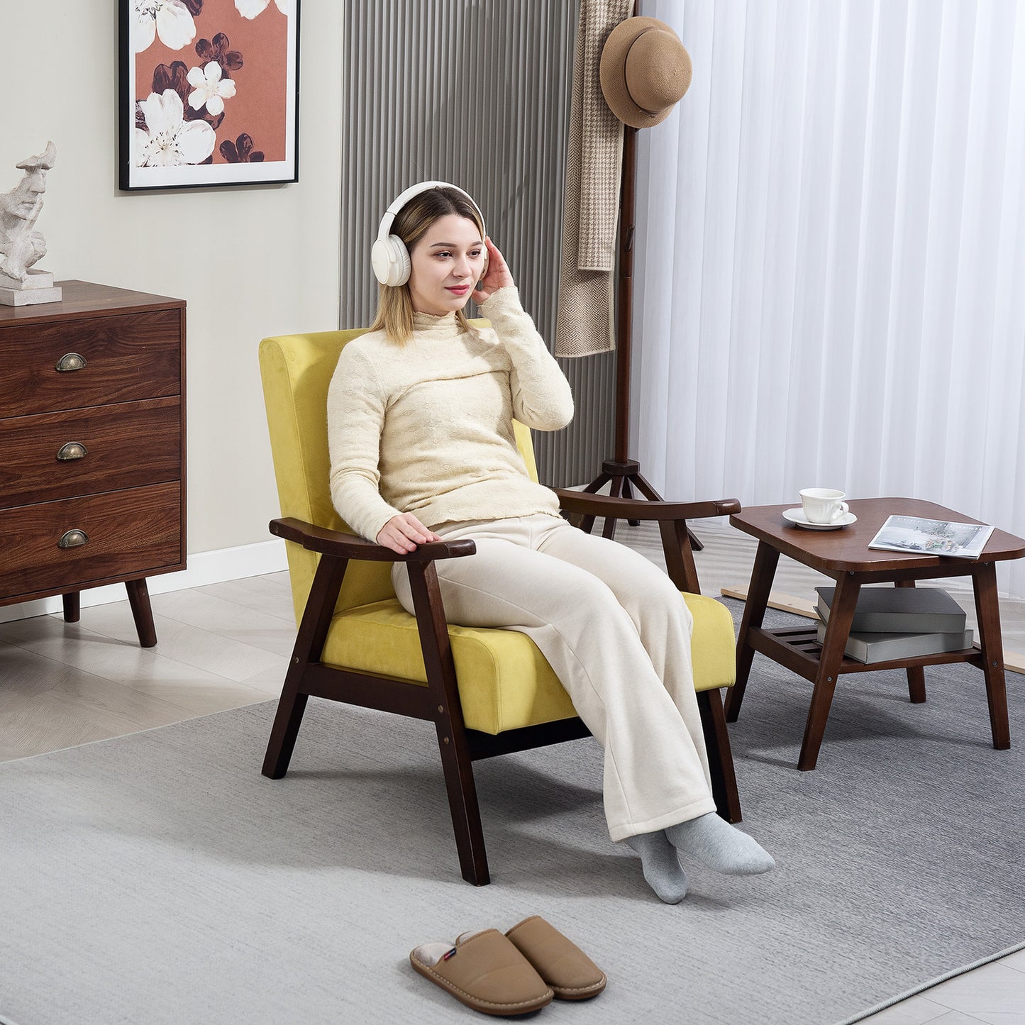 Velvet Armchair with Solid Wood Frame and Thick Padded, Champagne