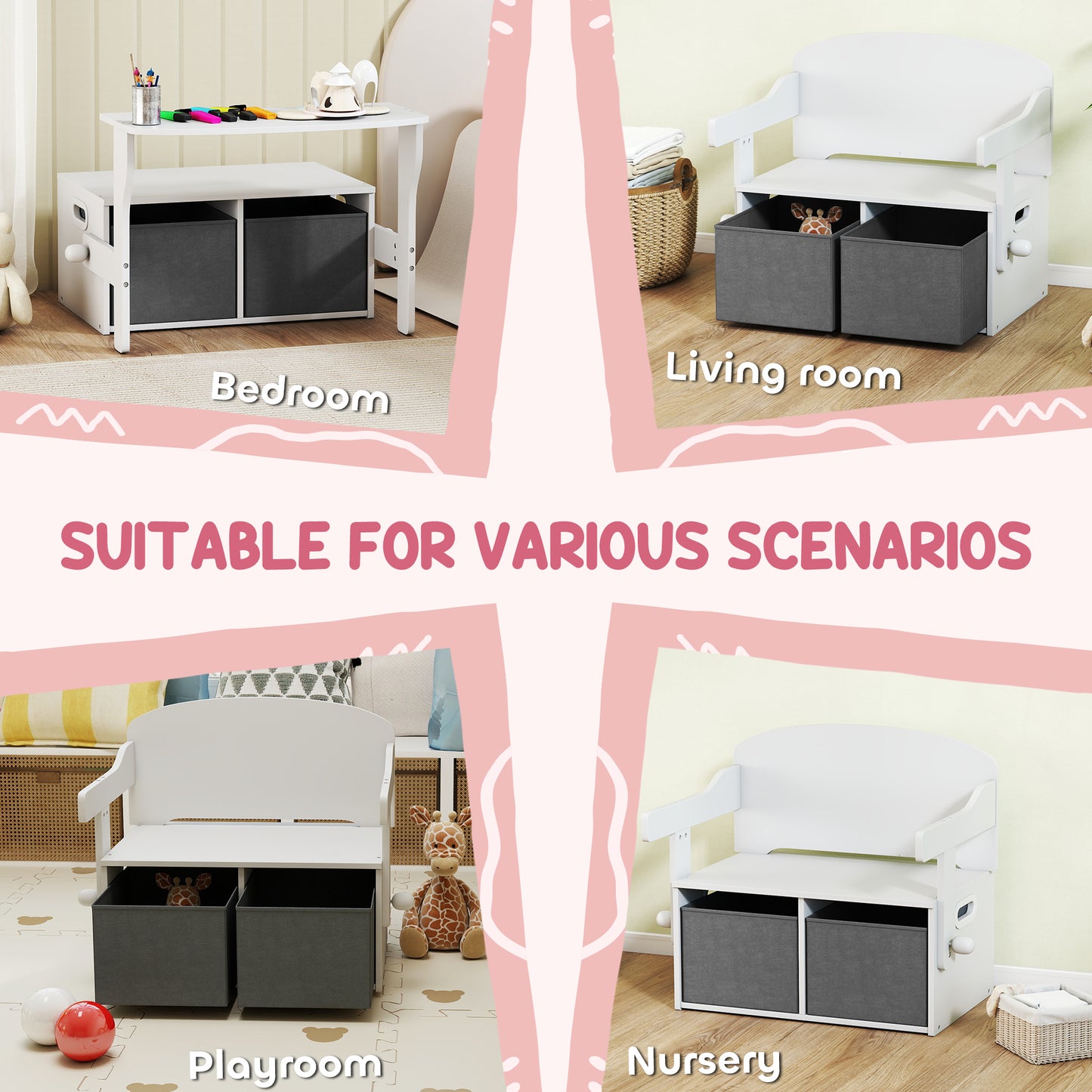 3 in 1 Kids Storage Bench, Toddler Table and Chair Set, White