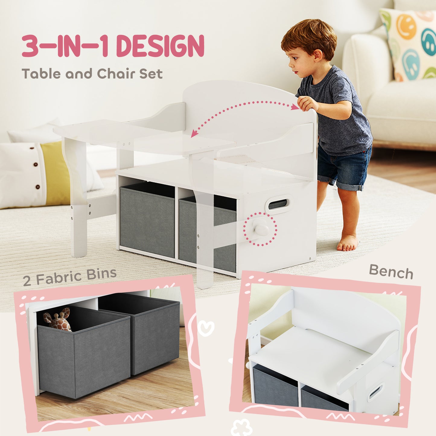 3 in 1 Kids Storage Bench, Toddler Table and Chair Set, White