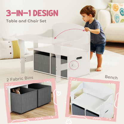 3 in 1 Kids Storage Bench, Toddler Table and Chair Set, White