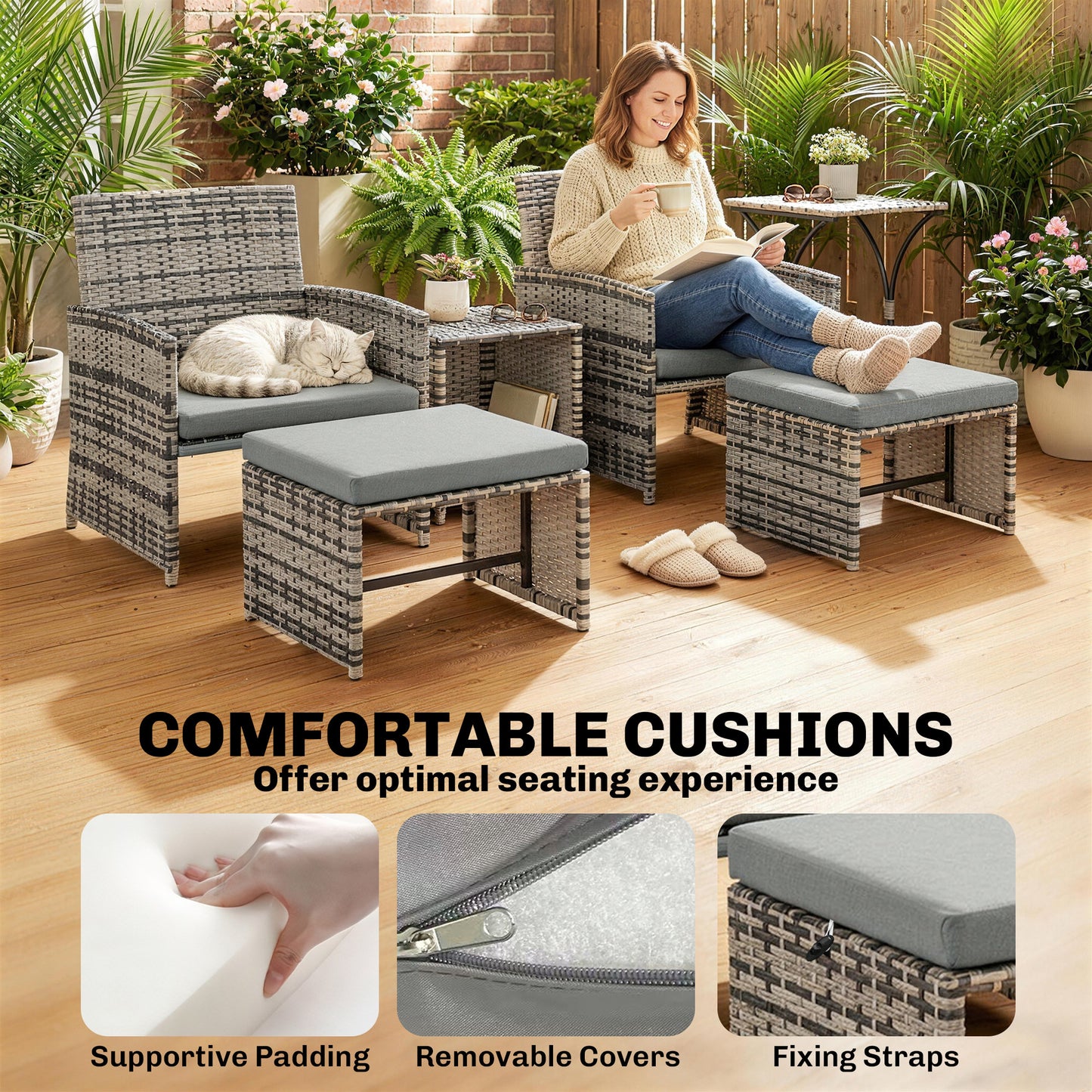 6 Piece Rattan Garden Furniture Set with Nesting Tables, Grey