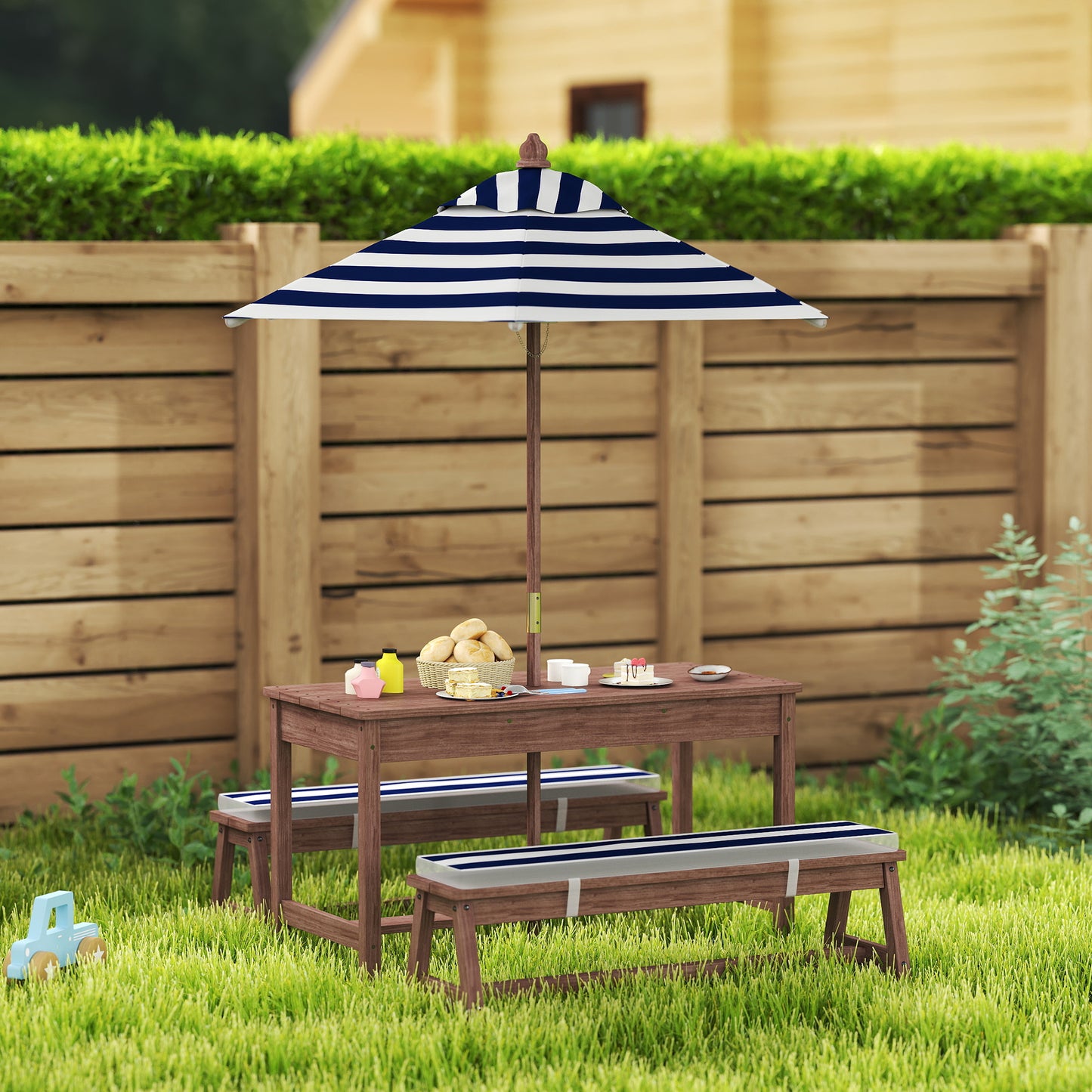 Kids Picnic Table, Wooden Kids Garden Furniture with Umbrella