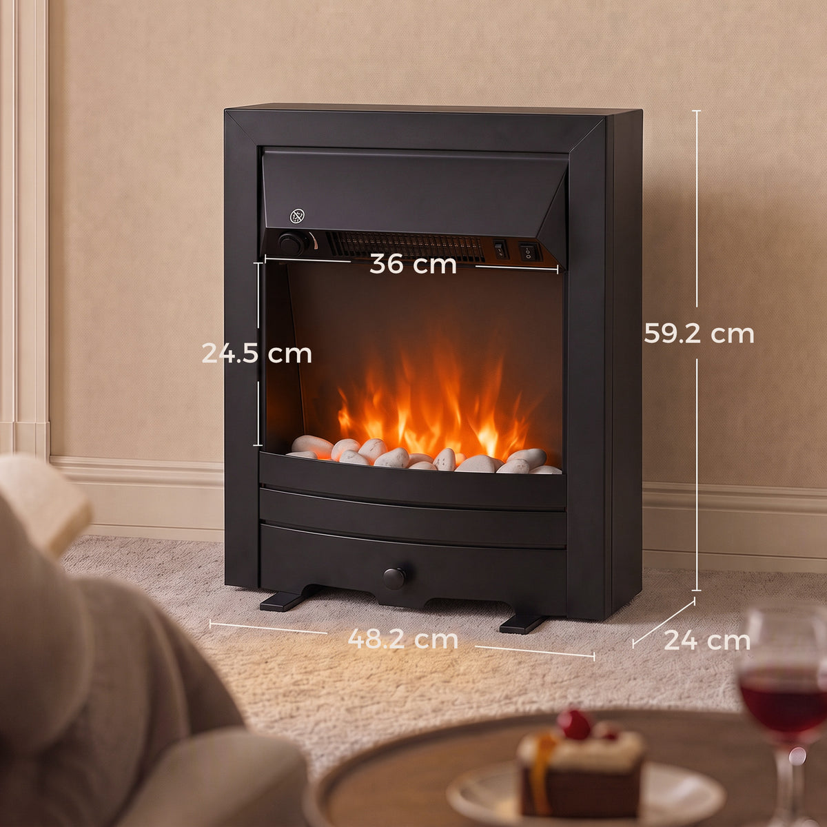 2000W Freestanding or Inset Electric Fire with Pebble Effect - Matt Black