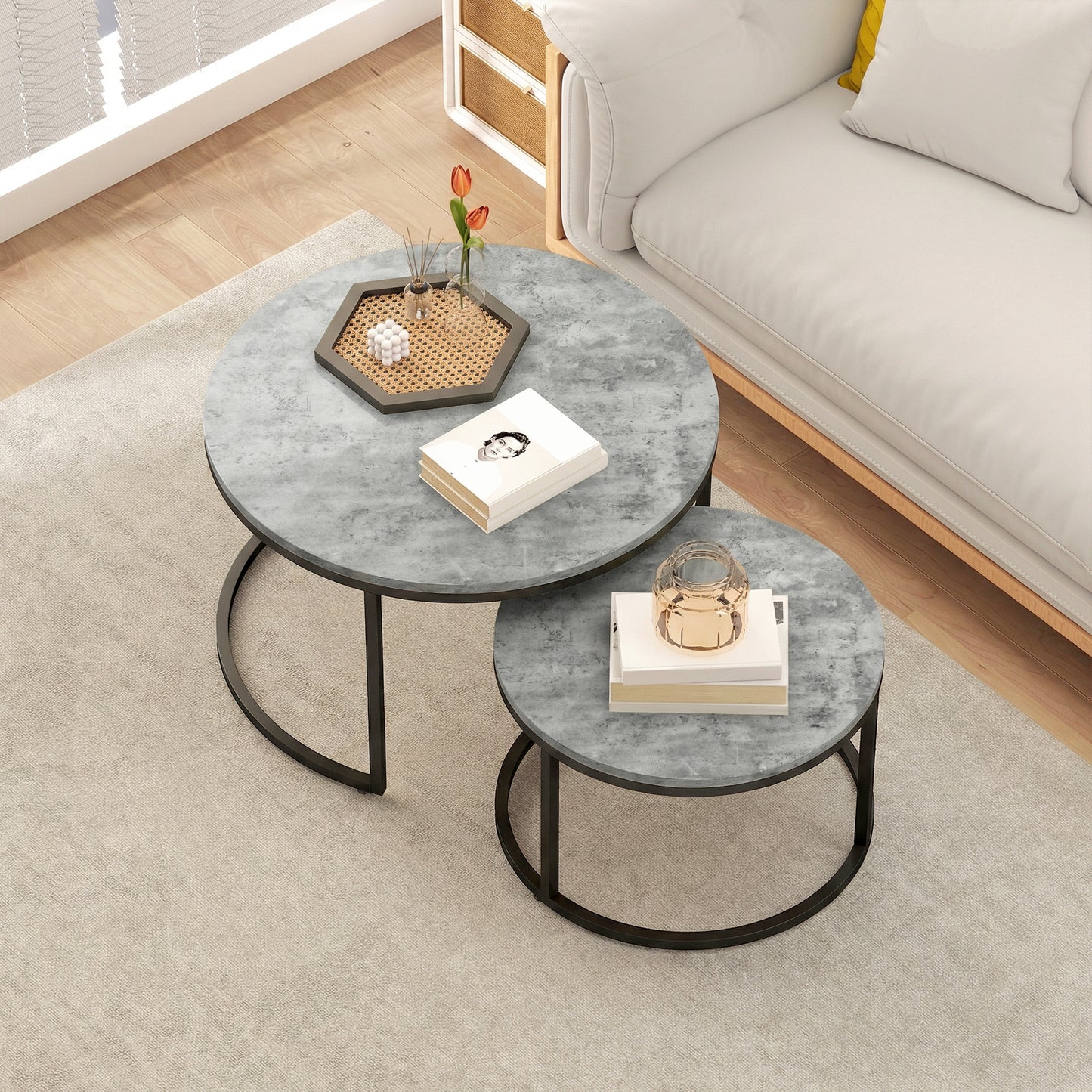 2 Pcs Stacking Coffee Table Set Steel Frame, Cement Grey