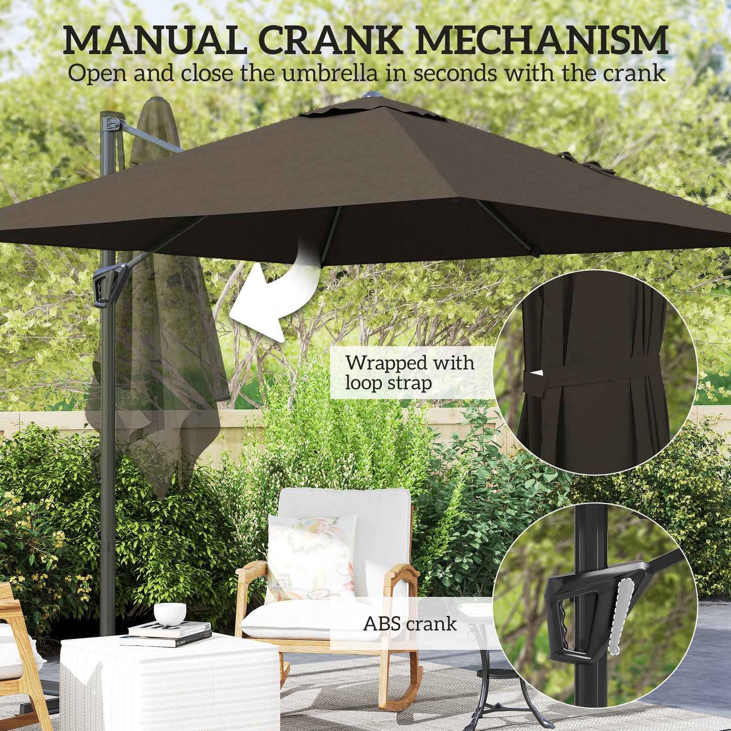 Square Cantilever Roma Parasol 360 Degree Rotation Hand Crank, Tan