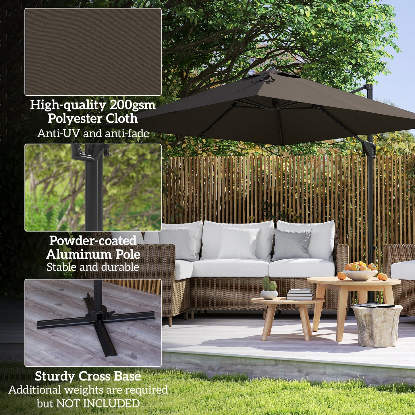 Square Cantilever Roma Parasol 360 Degree Rotation Hand Crank, Tan