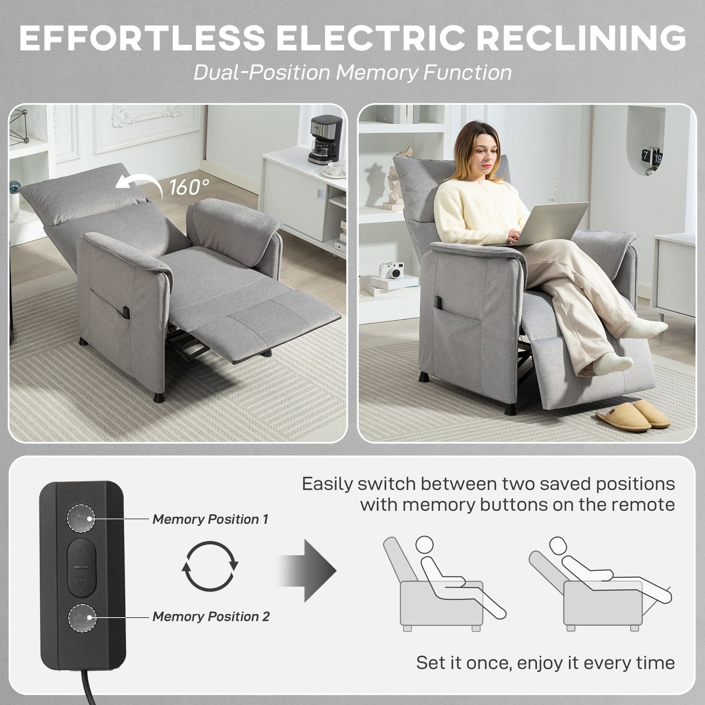 Electric Reclining Chair w/ Remote, Power Recliner for Elderly, Grey