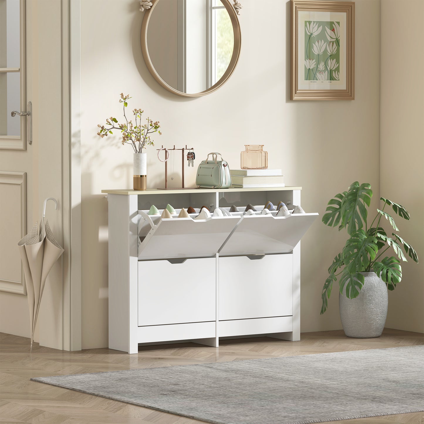 16-Shoe Storage Cabinet 4 Shelves 4 Drawers Tabletop White