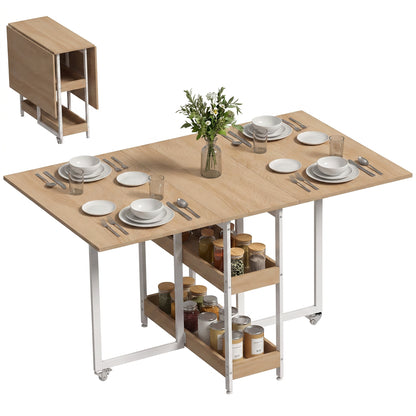 Folding Dining Table, Drop Leaf Table w/ Open Compartments, Natural