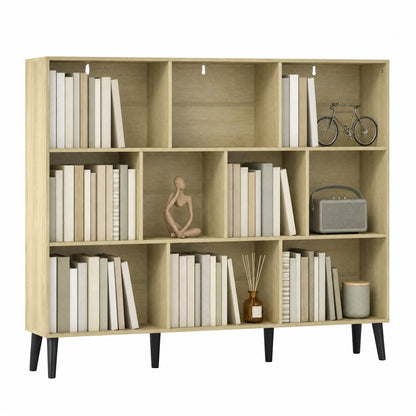3-Tier Bookshelf with 10 Cubbies, Book Shelf with Wood Legs, Oak