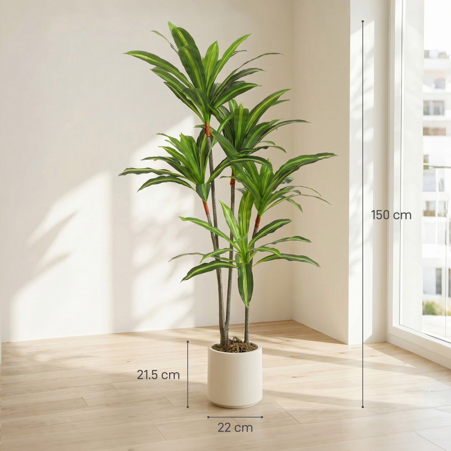 150cm Artificial Dracaena Tree, Decorative Artificial Plants with Bendable Trunks and White Planter for Living Room Bedroom Home Office Decor, Green
