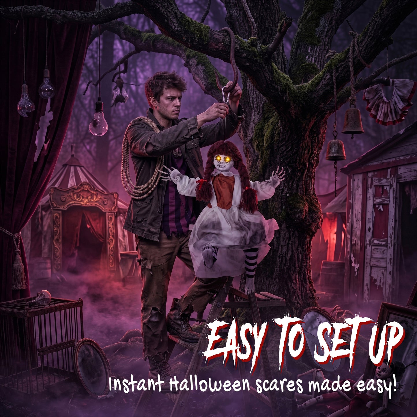 Halloween Animated Hanging Creepy Girl on Swing Decoration