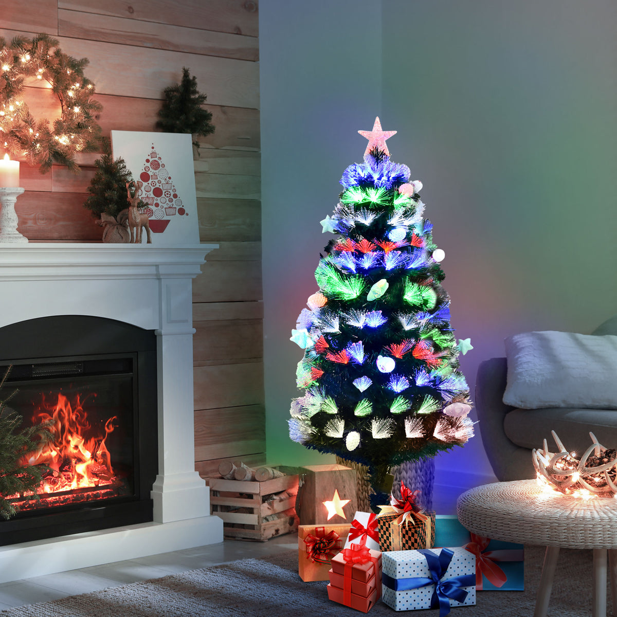 5ft Pre-Lit Fibre Optic Christmas Tree with 170 Multicolour LEDs & Baubles