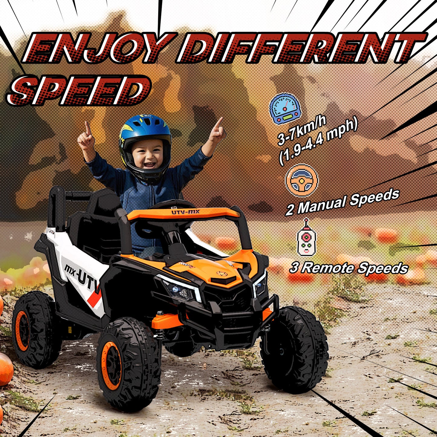 12V Kids Ride On Car, Electric Car for Kids UTV with Remote Control, Slow Start, Suspension System, LED Lights, Music, USB Port, for Boys Girls 3-5 Years, Orange