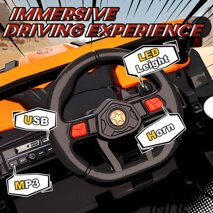 12V Kids Ride On Car, Electric Car for Kids UTV with Remote Control, Slow Start, Suspension System, LED Lights, Music, USB Port, for Boys Girls 3-5 Years, Orange