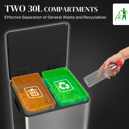 2 x 30L Double Kitchen Bin, Pedal Bin with Soft-Close Lid, Silver