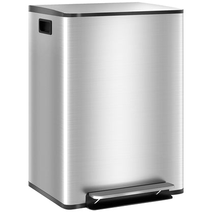 2 x 30L Double Kitchen Bin, Pedal Bin with Soft-Close Lid, Silver