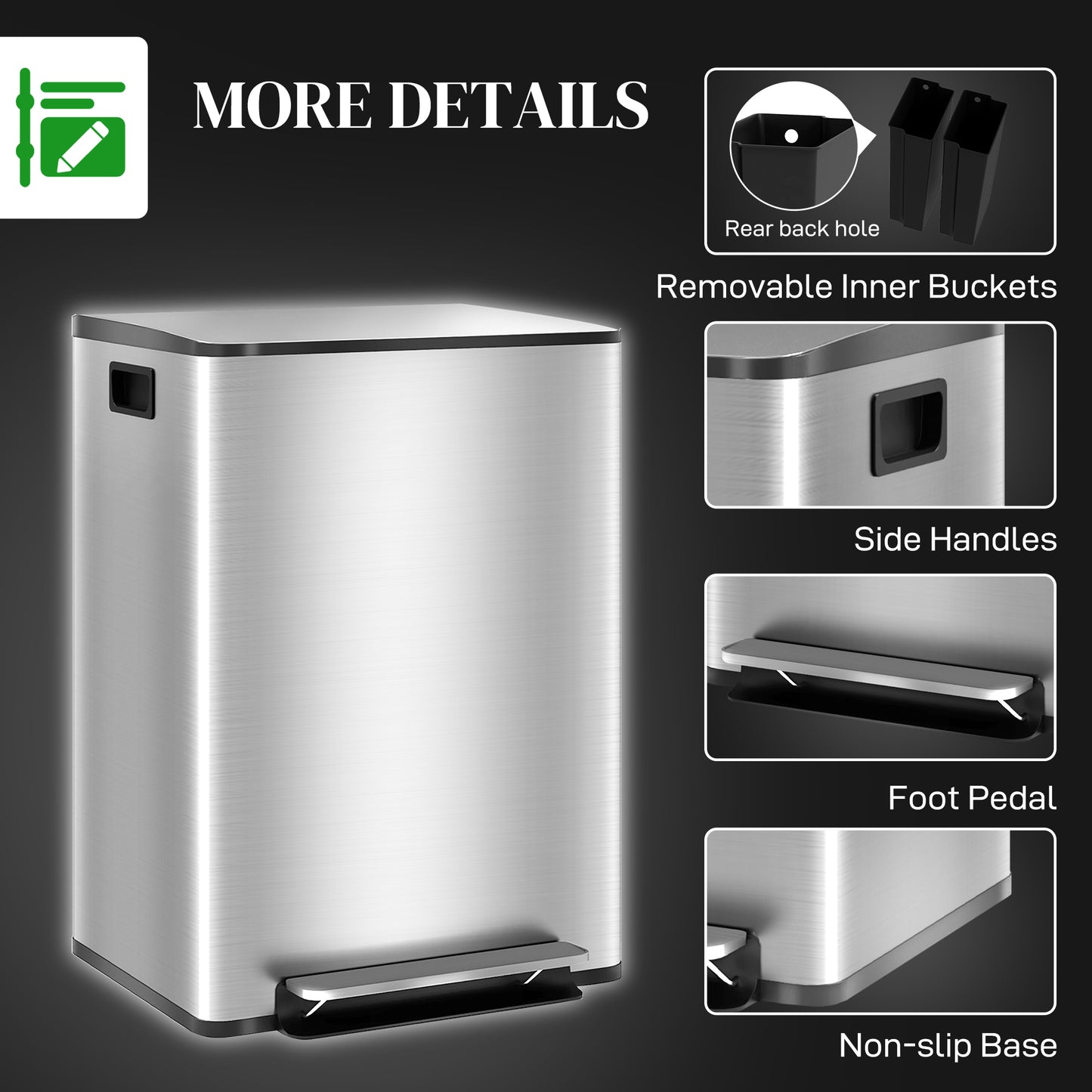 2 x 30L Double Kitchen Bin, Pedal Bin with Soft-Close Lid, Silver
