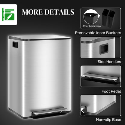 2 x 30L Double Kitchen Bin, Pedal Bin with Soft-Close Lid, Silver