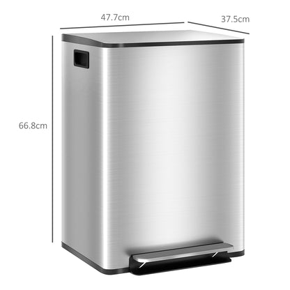 2 x 30L Double Kitchen Bin, Pedal Bin with Soft-Close Lid, Silver
