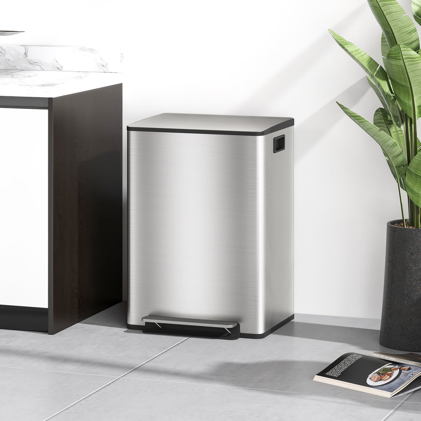 2 x 30L Double Kitchen Bin, Pedal Bin with Soft-Close Lid, Silver