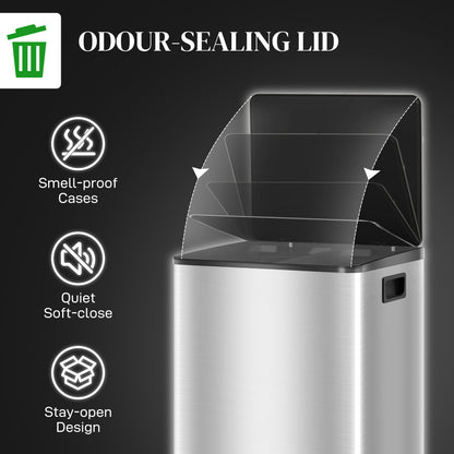 2 x 30L Double Kitchen Bin, Pedal Bin with Soft-Close Lid, Silver