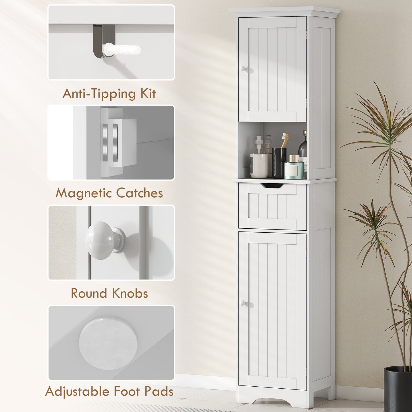 170cm Tall Bathroom Storage Cabinet with LED Light, Adjustable Shelf
