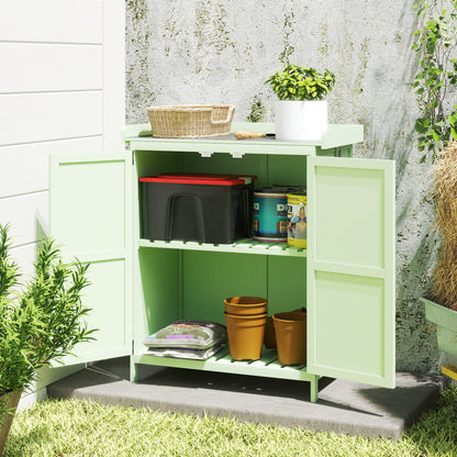 Wooden Garden Storage Shed w/Hinged Roof and Shelf, Light Green