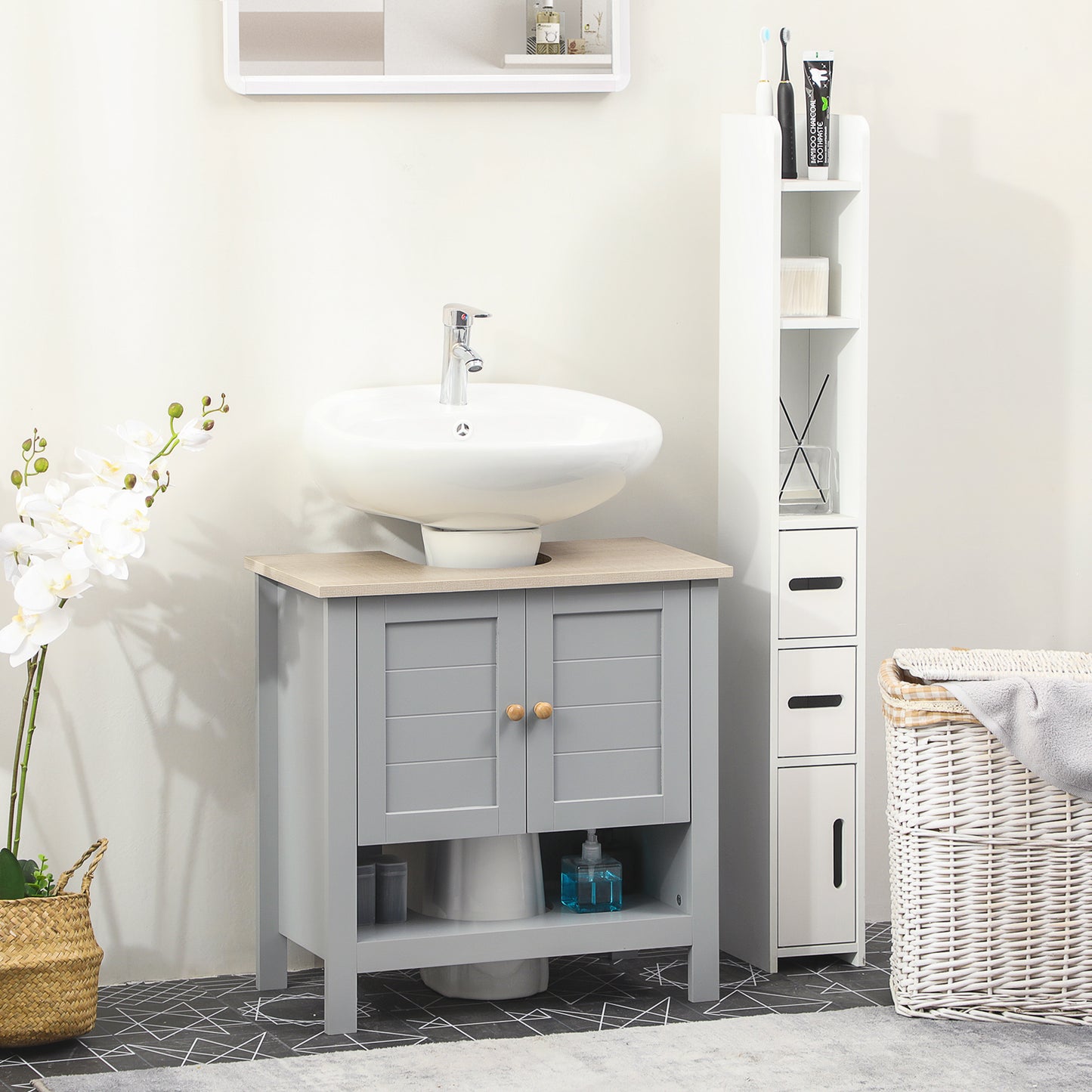 kleankin Bathroom Under Sink Cabinet with Adjustable Shelf, White, Grey