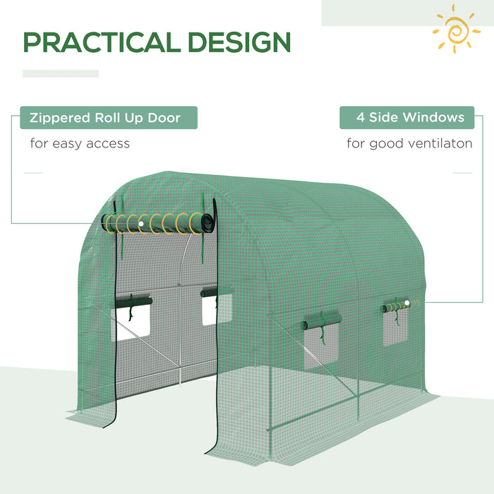 2.5 x 2m Walk-In Polytunnel Greenhouse, with Steel Frame, PE Cover, Roll-Up Door and 4 Windows, Green