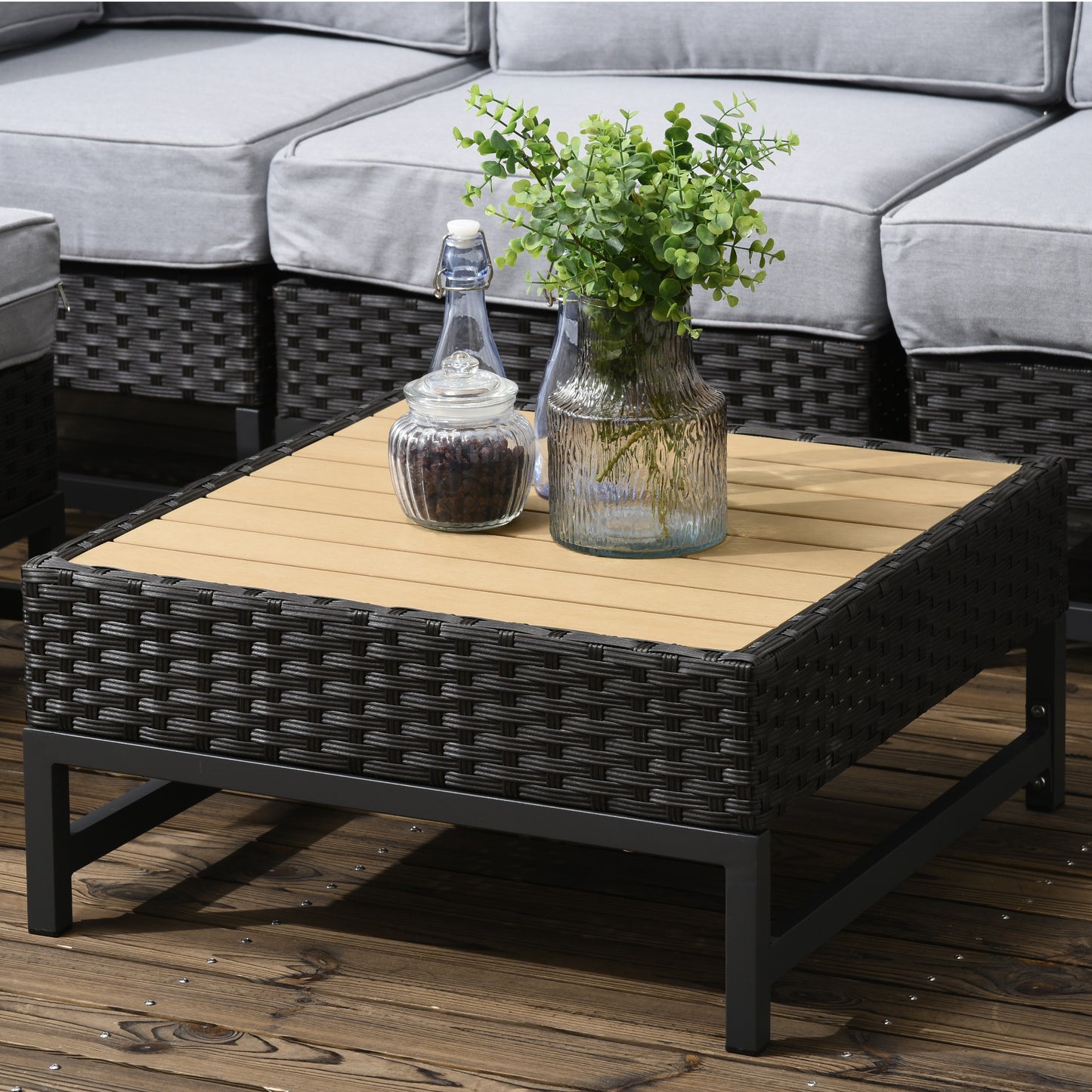 Rattan Corner Sofa, Rattan Garden Furniture Wood Grain Plastic Table