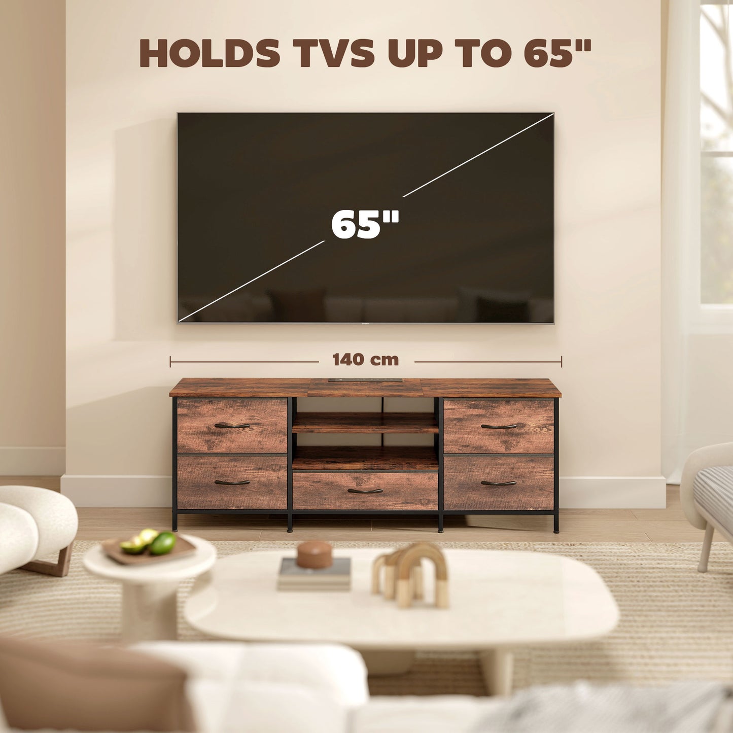 TV Unit with Charging Station, TV Stand for TVs up to 65 Inch