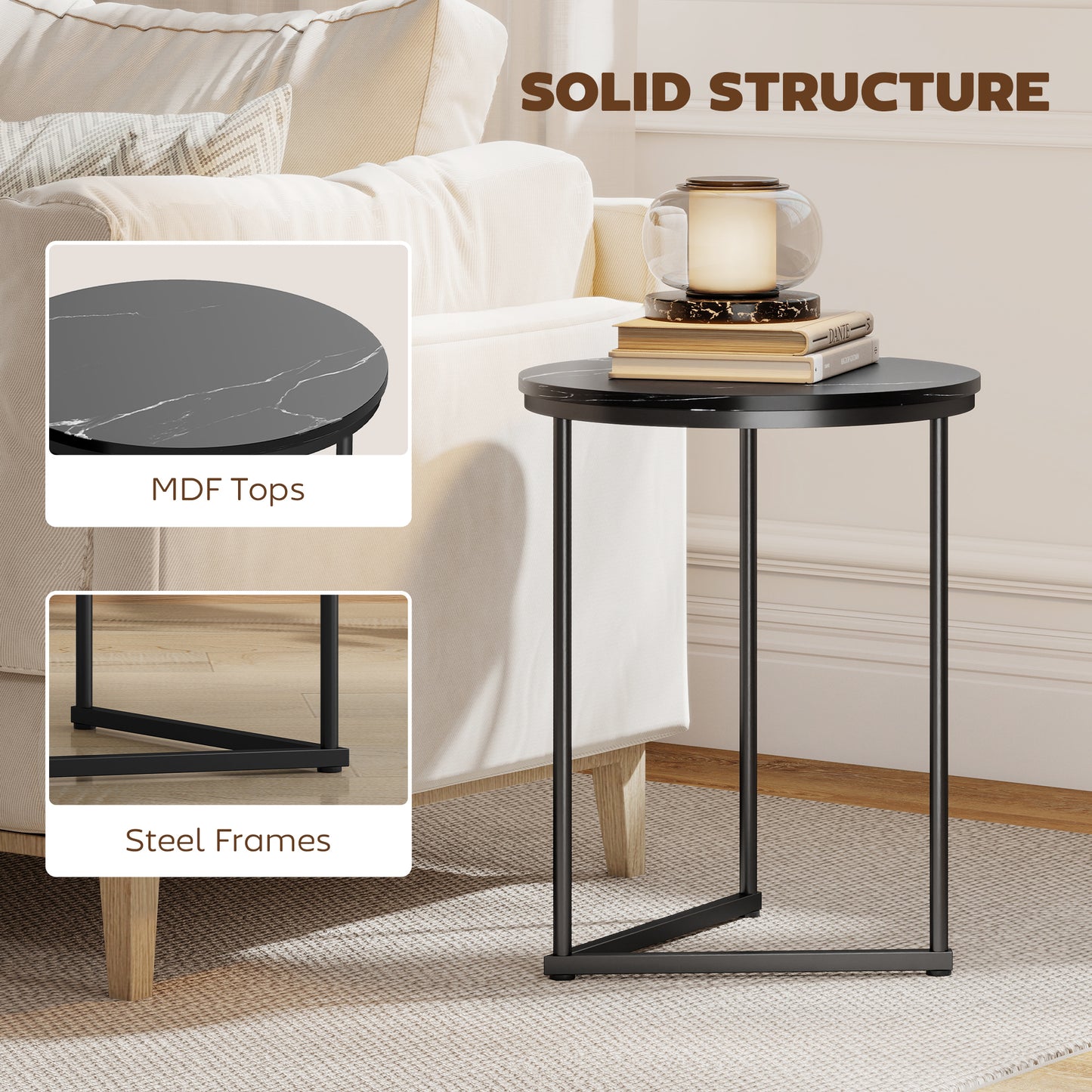 Nesting Coffee Table Set of 2 with Metal Frame, Black Marble Effect